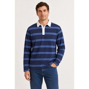 Unbranded Rugby Shirt Mens Small Blue Striped Long Sleeve Contrast Collar